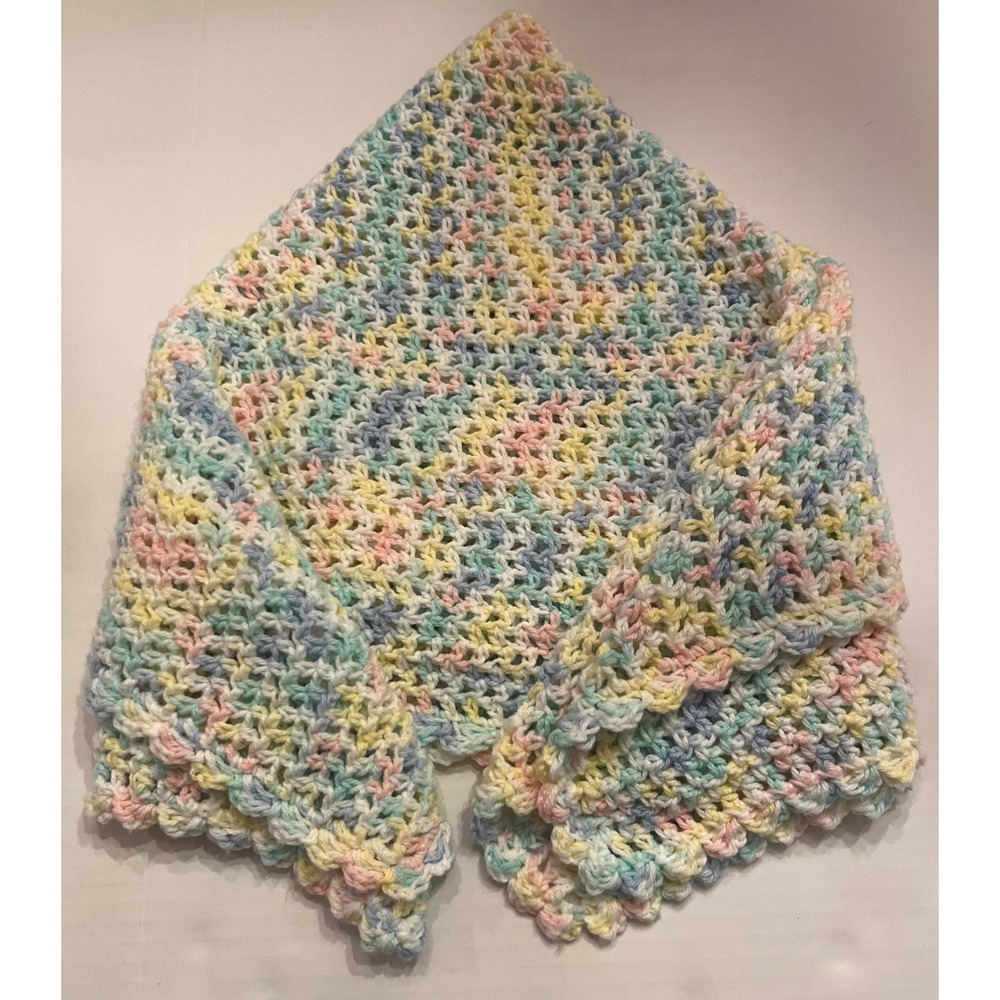 Handmade Crochet Baby Blanket 28"x32" Pastel Pink Blue Yellow Scalloped Edge